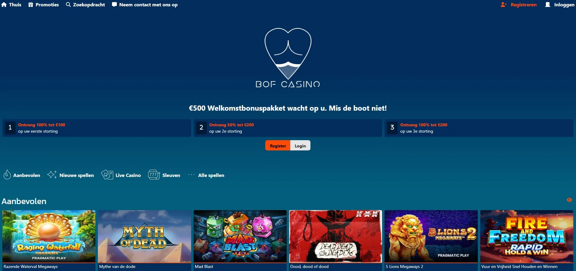 Bof Casino hoofdpagina overzicht screenshot